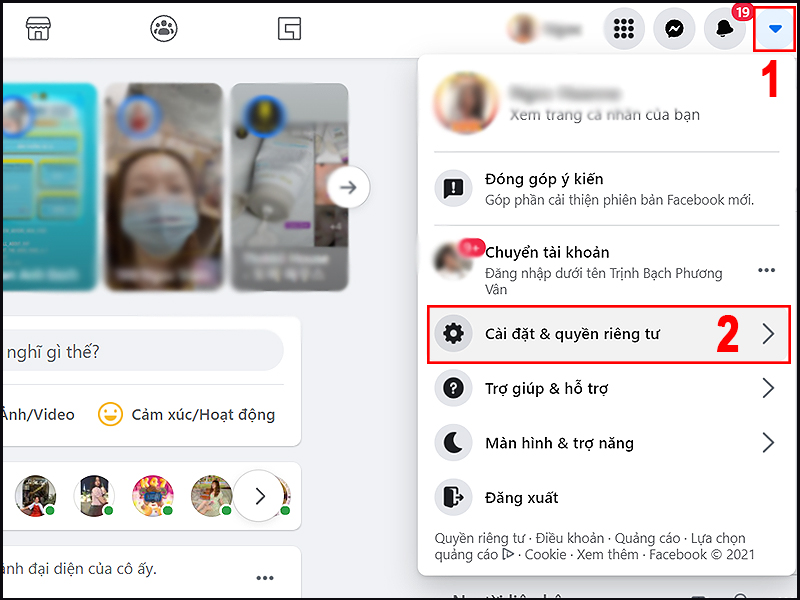 Bạn truy cập vào Facebook và nhấn mũi tên hướng xuống để mở Cài đặt